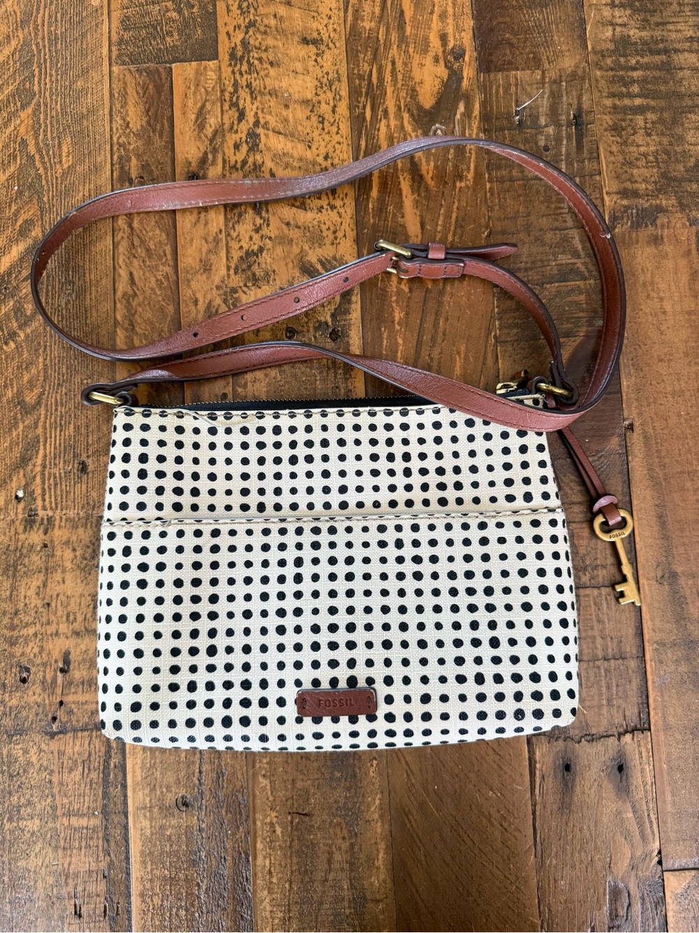 Fossil Cream Canvas Crossbody with Brown Leather Strap and Black Polka Dots